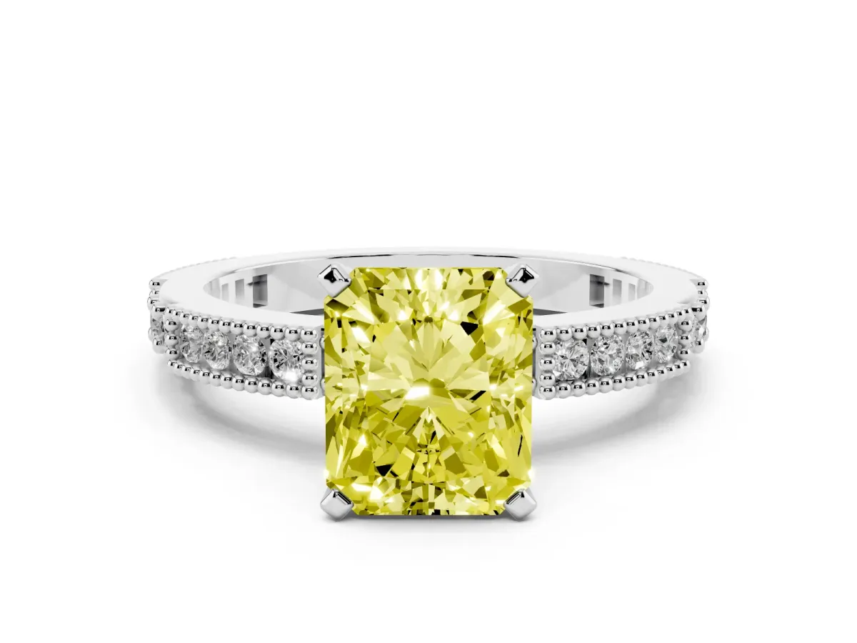 Fancy Yellow Radiant Cut Solitaire with Pavé Band and Four-Prong Setting Silver