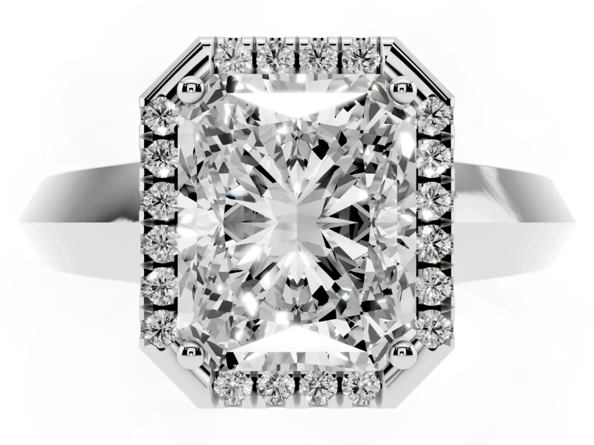 Radiant Cut Halo Diamond Ring with Cathedral Band and Four-Prong Setting Platinum