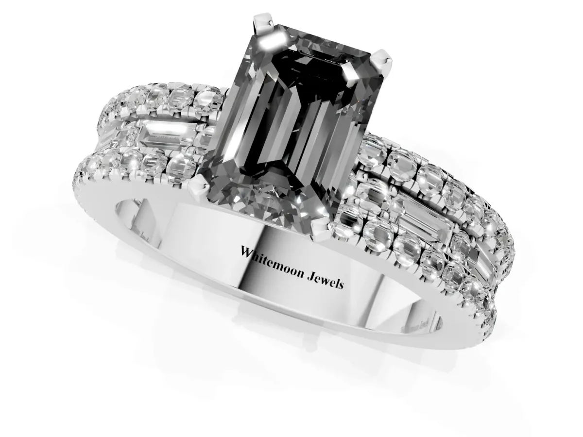 Fancy Black Emerald Cut Diamond Solitaire Ring with Pavé and Channel Set Band Silver