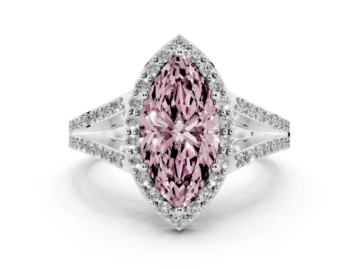 Fancy Pink Marquise Cut Halo Split Shank Diamond Ring with Prong Setting Platinum