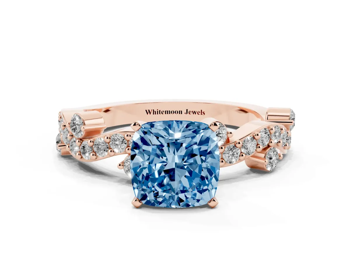 Fancy Blue Cushion Cut Cut Solitaire Diamond Twisted Band with Pave Setting Rose gold