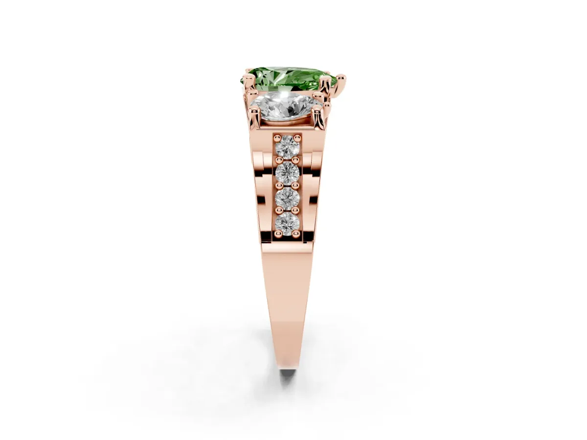 Fancy Green Pear Cut Diamond Three-Stone Ring with Channel Set Band and Four-Prong Setting Rose gold