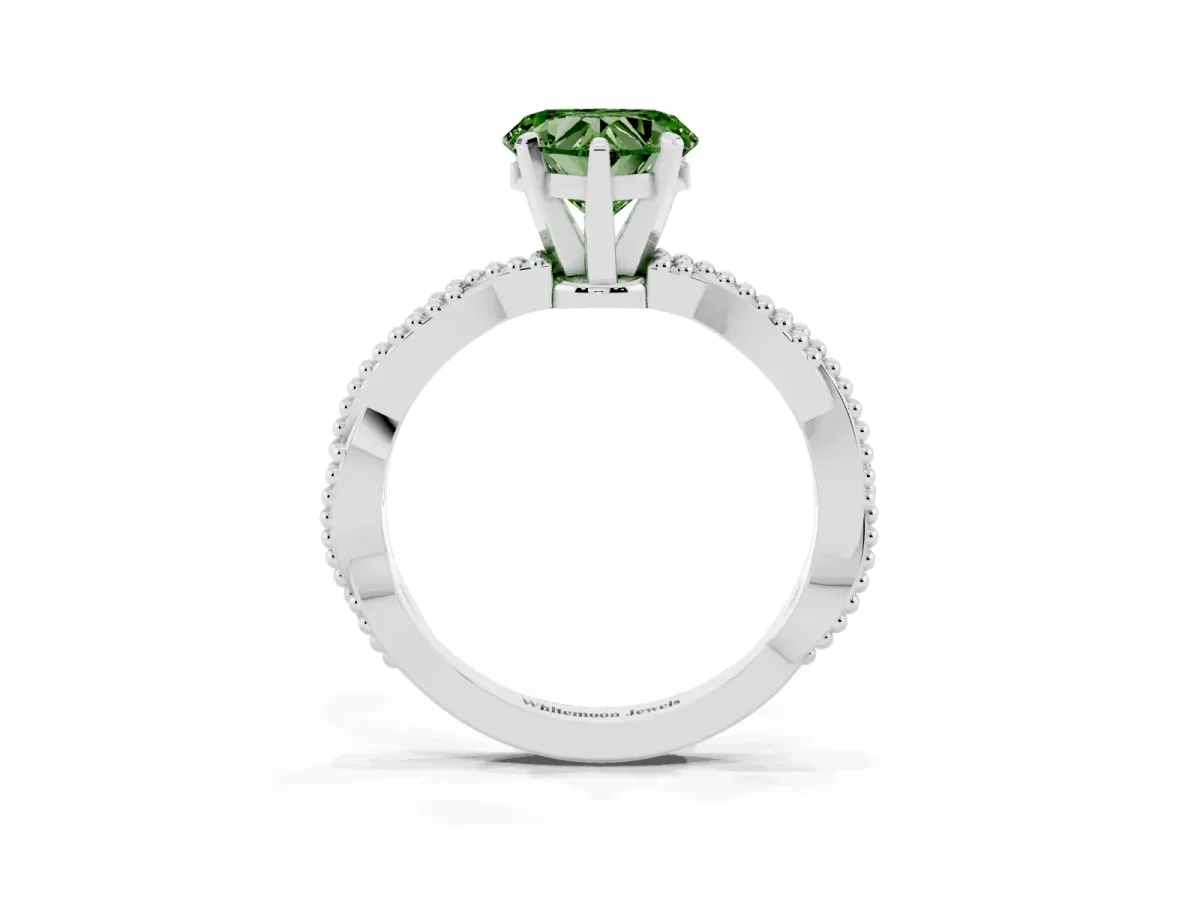 Fancy Green Heart Cut Solitaire Twisted Band with Bead Prong Setting Silver