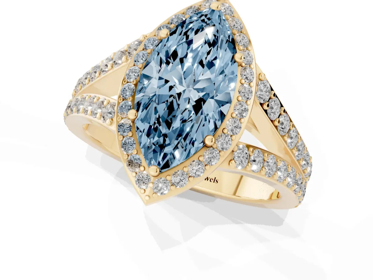 Fancy Blue Marquise Cut Diamond Split Shank Halo Ring with Four-Prong Setting Yellow gold