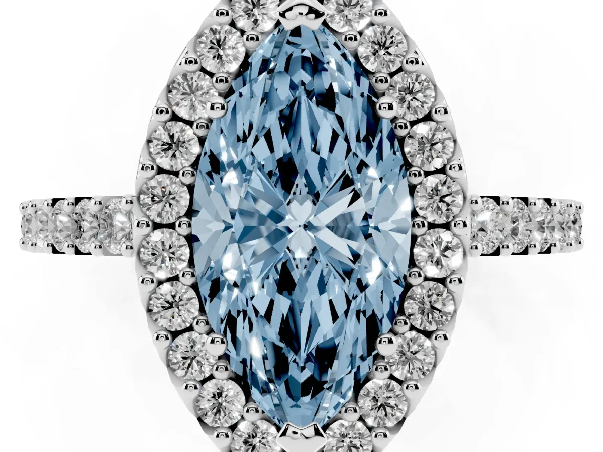 Fancy Blue Marquise Cut Halo Diamond Pavé Solitaire Ring Silver