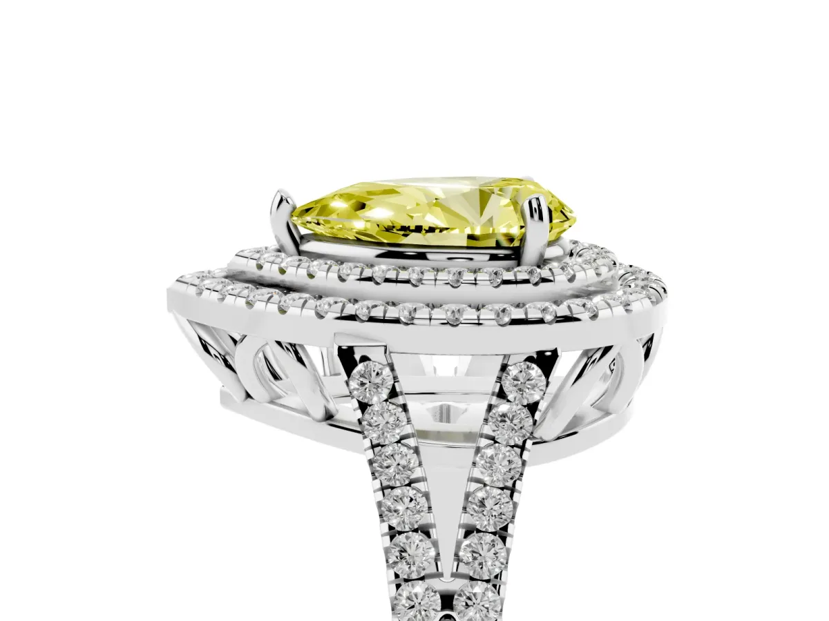 Fancy Yellow Pear Cut Diamond Double Halo Ring with Pavé Band and Prong Setting Platinum