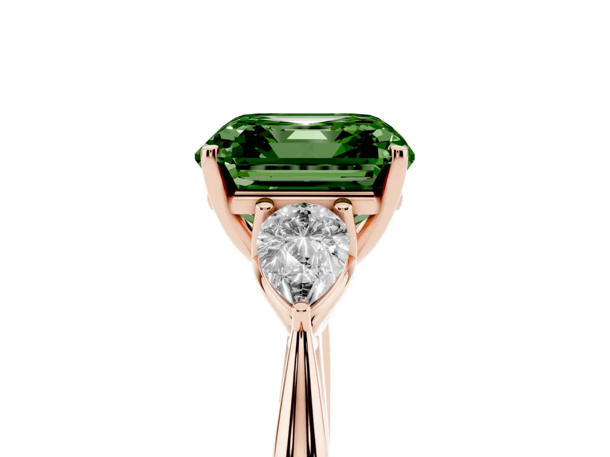 Fancy Green Asscher Cut Diamond Three-Stone Ring with Pear Side Stones and Prong Setting Rose gold