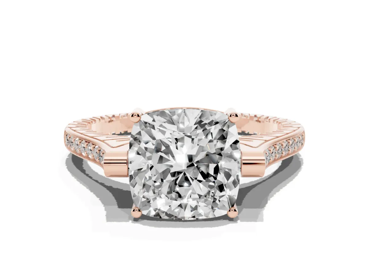 Cushion Cut Solitaire Diamond Ring with Channel Set Band and Bezel Prong Setting Rose gold