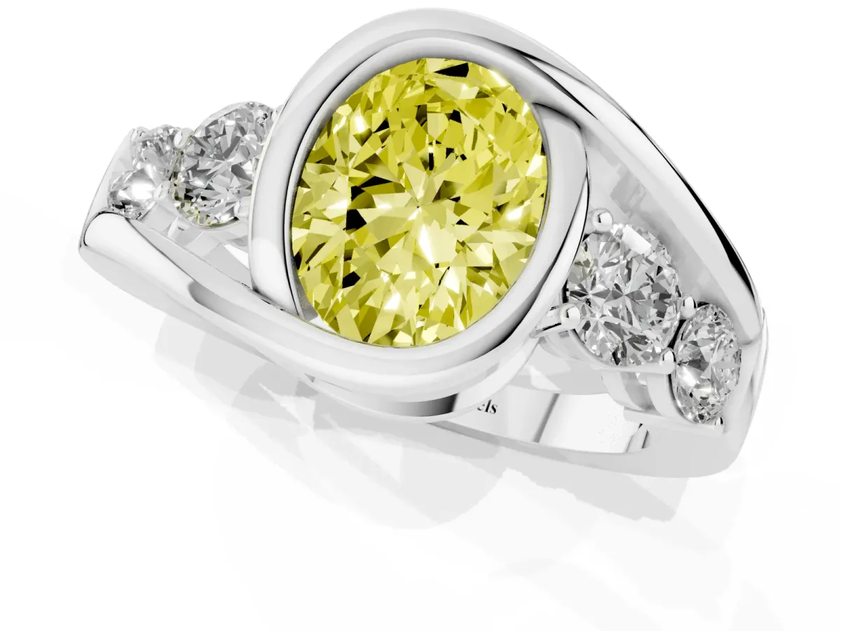 Fancy Yellow Bezel Set Oval Cut Diamond Bypass Ring with Round Accents Platinum