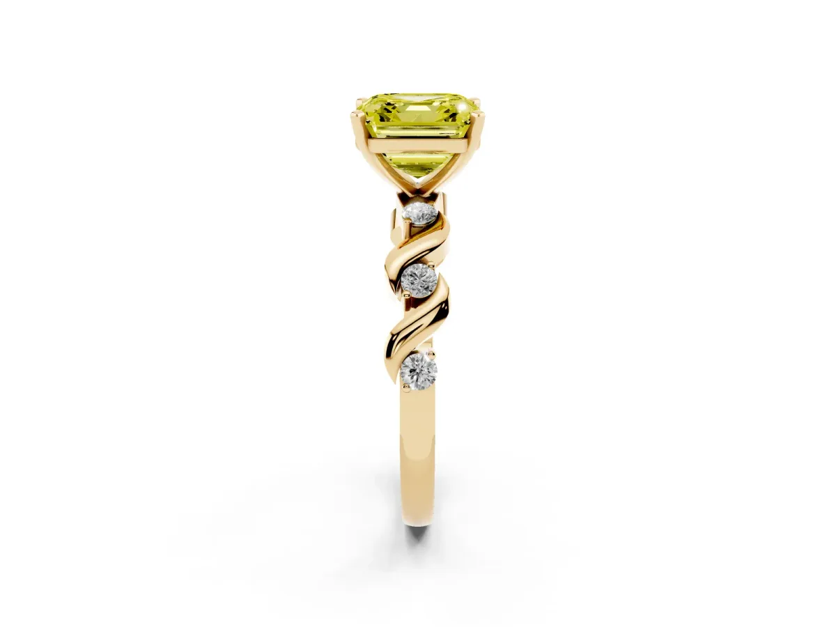 Fancy Yellow Asscher Cut Diamond Solitaire Twisted Band with Round Accents and Prong Setting Yellow gold