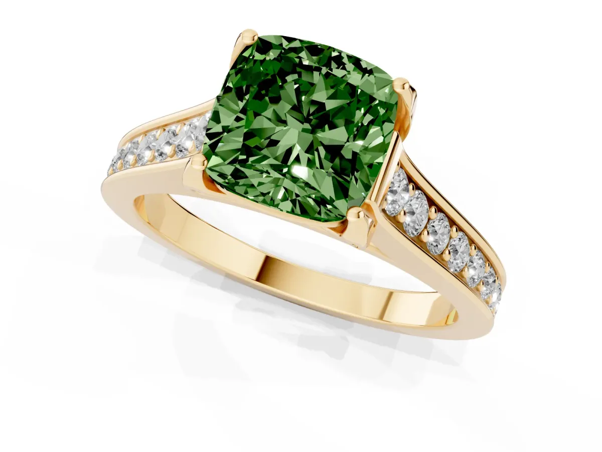 Fancy Green Cushion Cut Brilliant Cut Diamond Engagement Ring with Pavé Band and Four-Prong Setting Yellow gold
