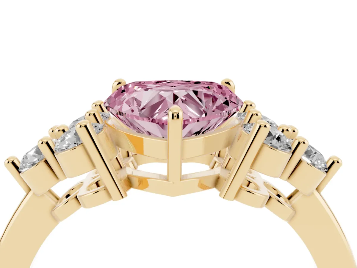 Fancy Pink Heart Cut Brilliant Diamond Cluster Accent Solitaire Ring with Prong Setting Yellow gold