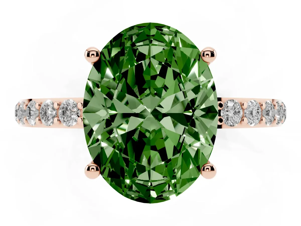 Fancy Green Oval Cut Diamond Solitaire Ring with Round Pavé Shoulders and Prong Setting Rose gold