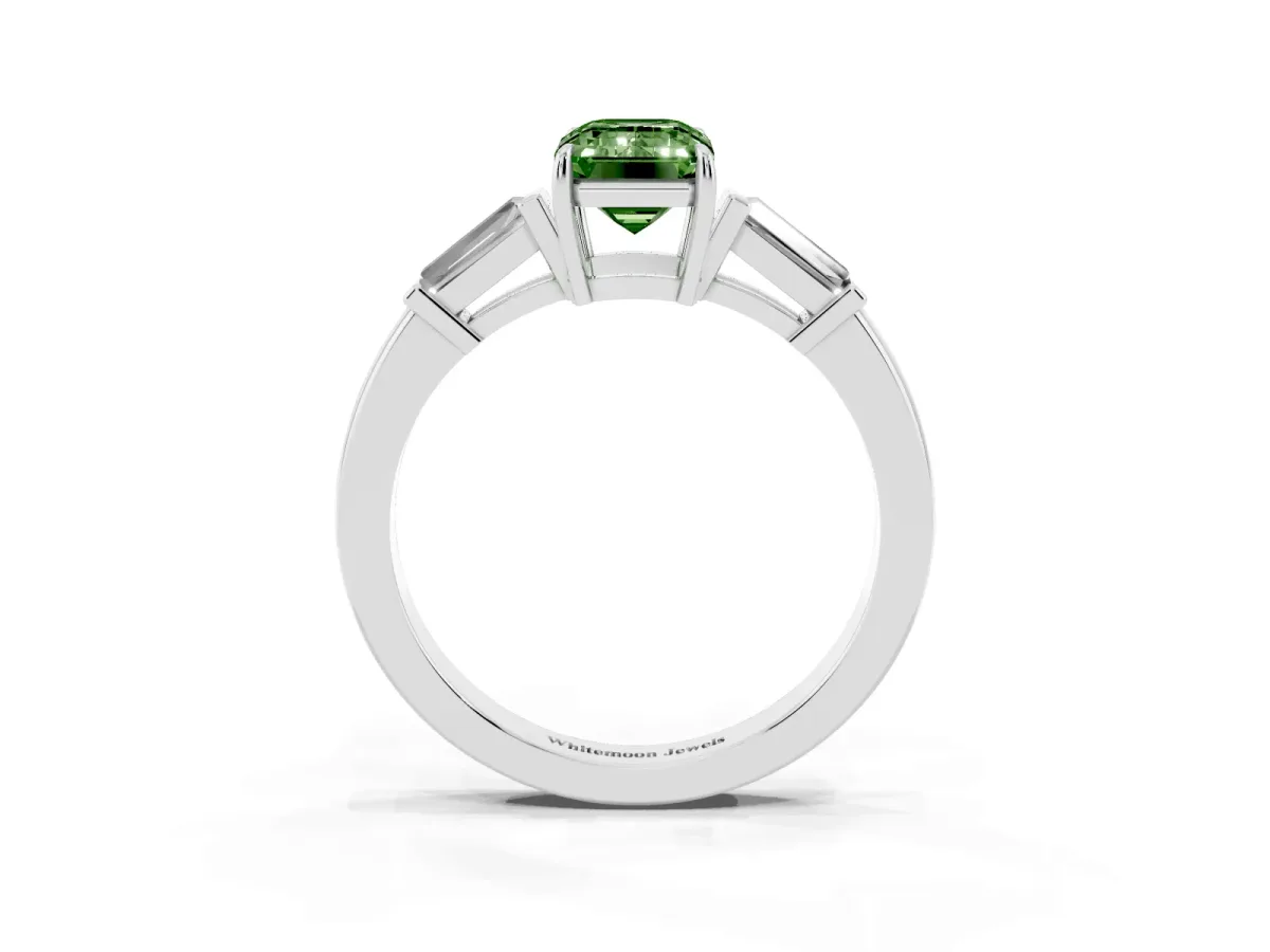 Fancy Green Emerald Cut Diamond Three-Stone Ring with Tapered Baguette Side Stones and Prong Setting Silver