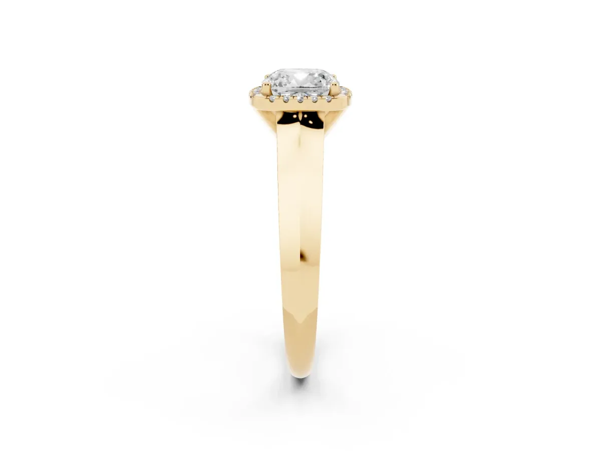 Cushion Cut Halo Diamond Ring with Cathedral Band and Four-Prong Setting Yellow gold