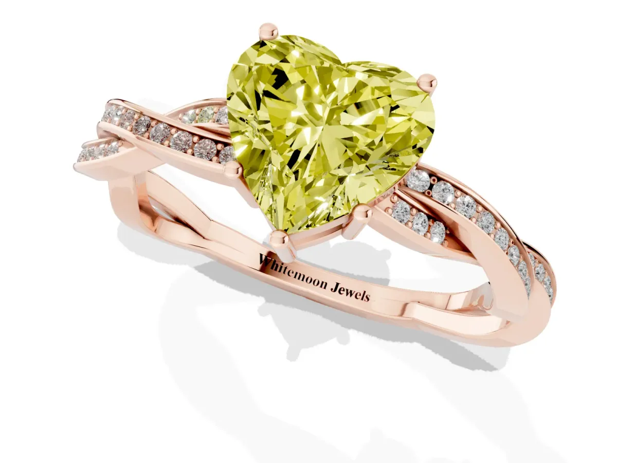 Fancy Yellow Heart Cut Solitaire Twisted Pave Diamond Ring with Four-Prong Setting Rose gold