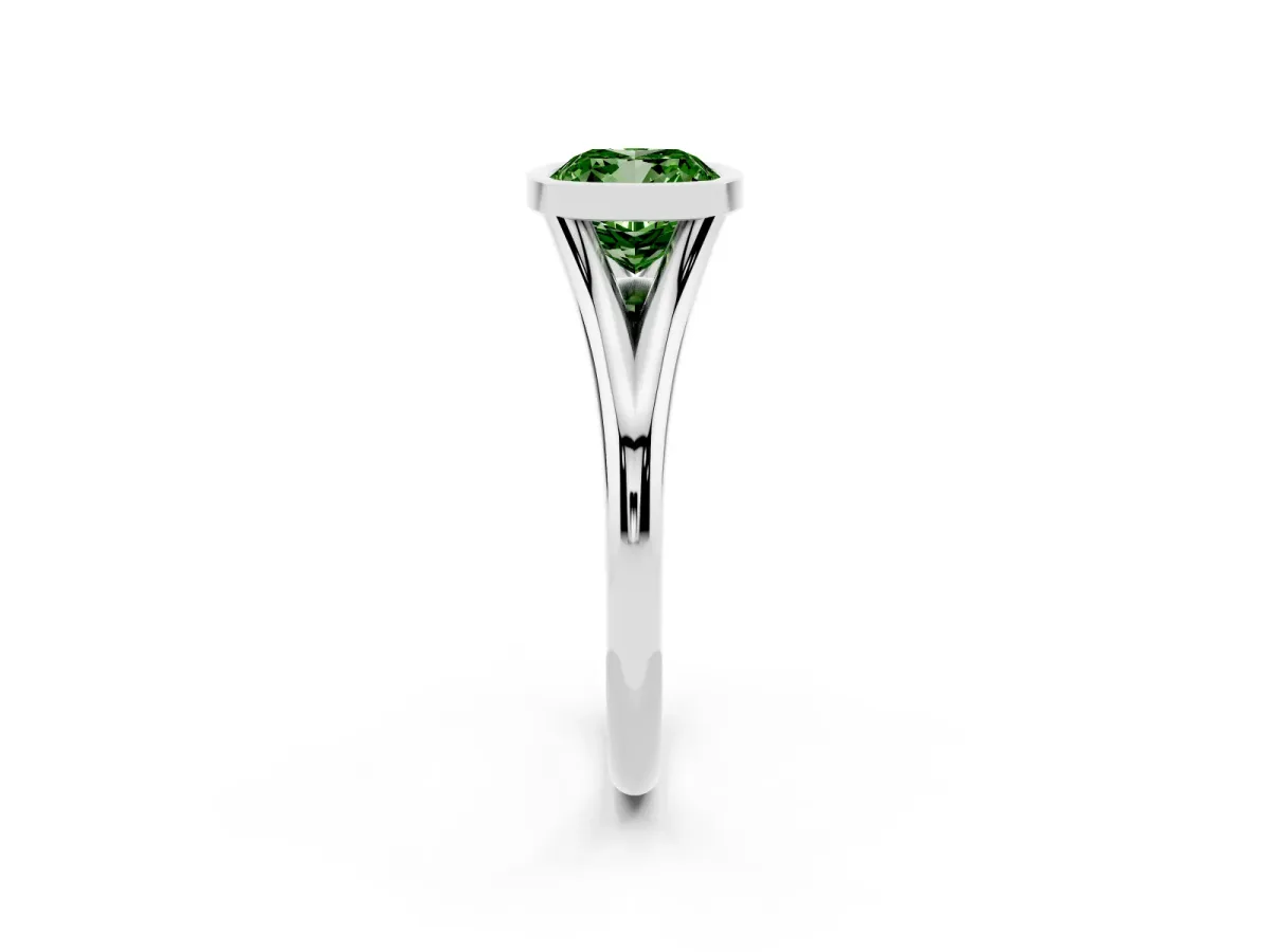 Fancy Green Bezel Set Cushion Cut Cut Solitaire Ring with Tapered Band Silver