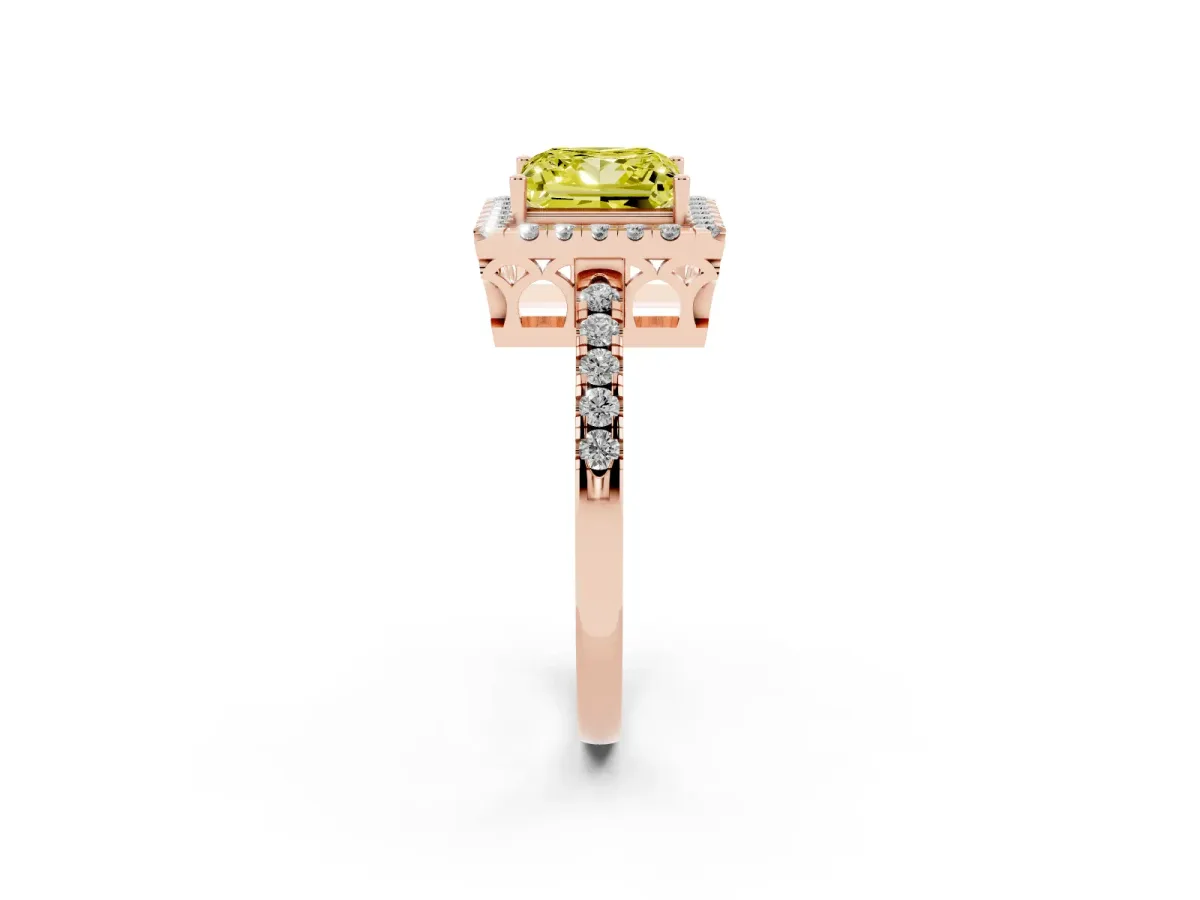 Fancy Yellow Princess Cut Halo Diamond Engagement Ring with Pavé Band and Four-Prong Setting Rose gold