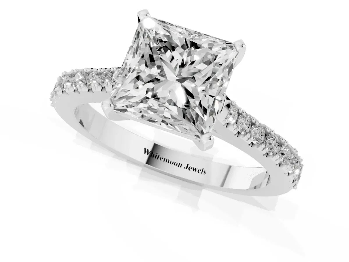 Princess Cut Cut Solitaire Diamond Engagement Ring with Pave Band and Four-Prong Setting Platinum
