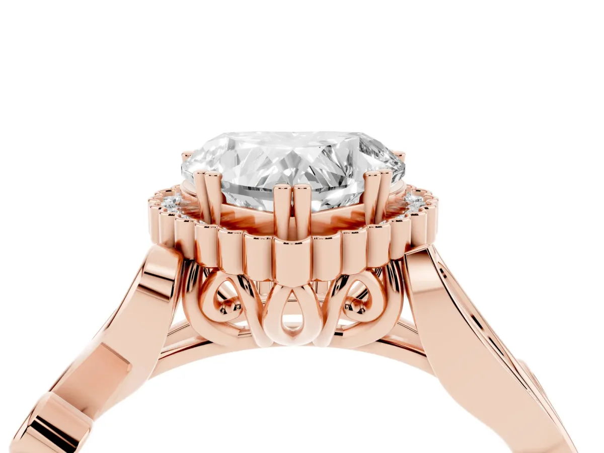 Heart Cut Diamond Halo Ring with Vintage Split Shank and Four-Prong Setting Rose gold
