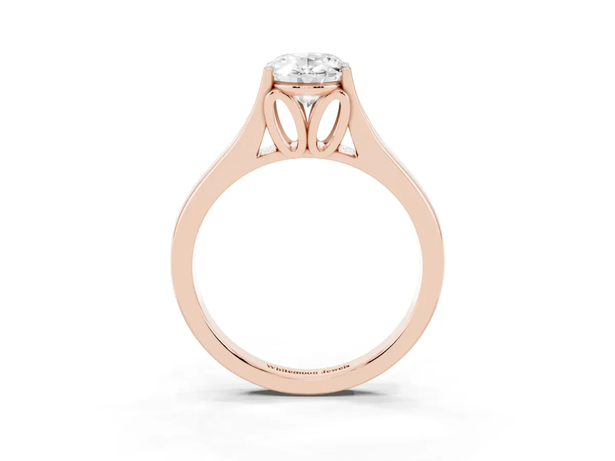 Oval Cut Solitaire Diamond Ring with Cathedral Band and Four-Prong Setting Rose gold