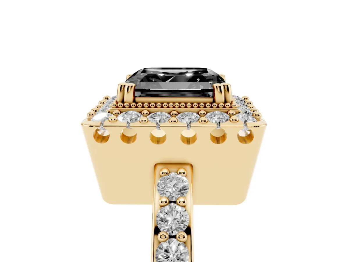 Fancy Black Asscher Cut Diamond Halo Ring with Pavé Band and Prong Setting Yellow gold