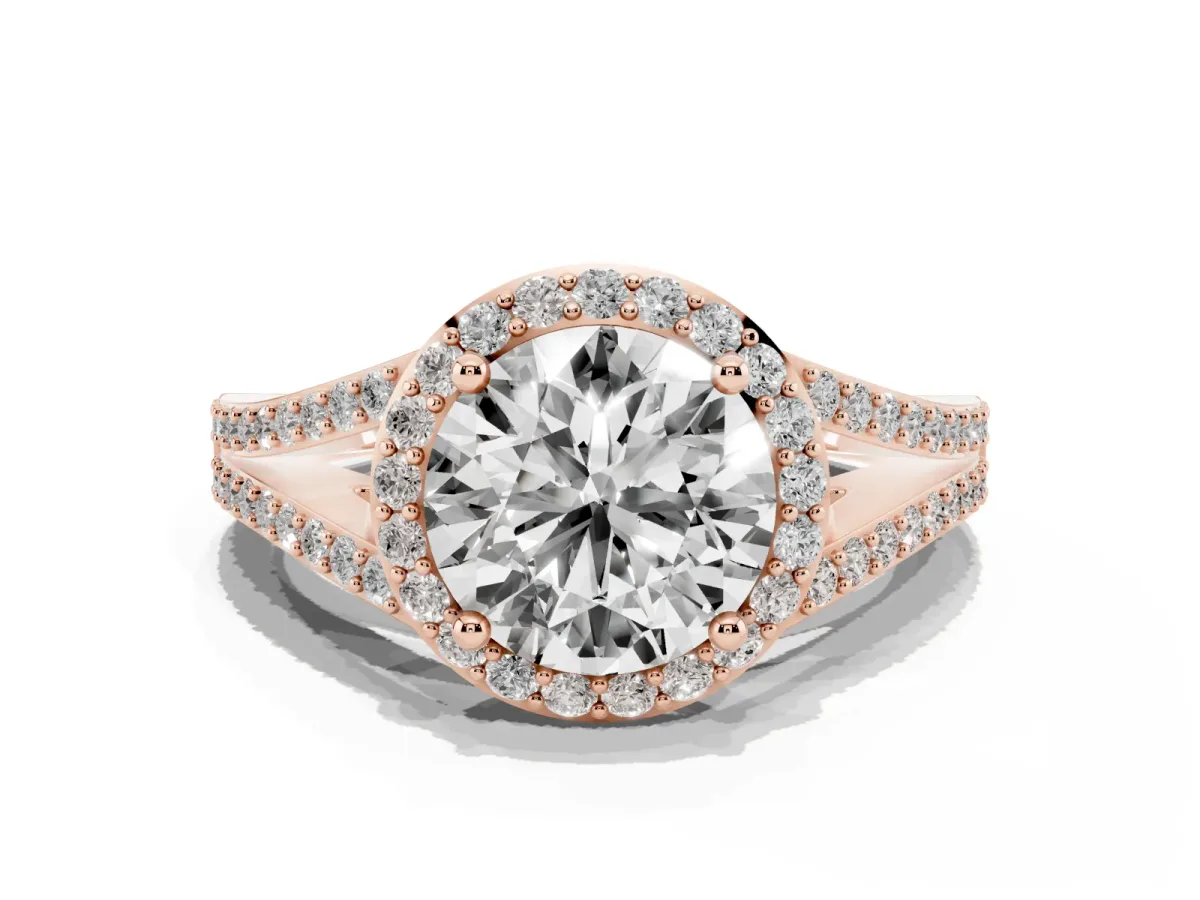 Round Cut Halo Split Shank Diamond Ring with Prong Setting Rose gold
