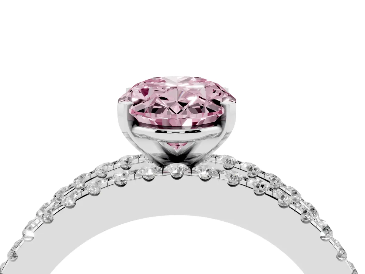 Fancy Pink Oval Cut Diamond Solitaire Ring with Pavé and Channel Set Band Silver