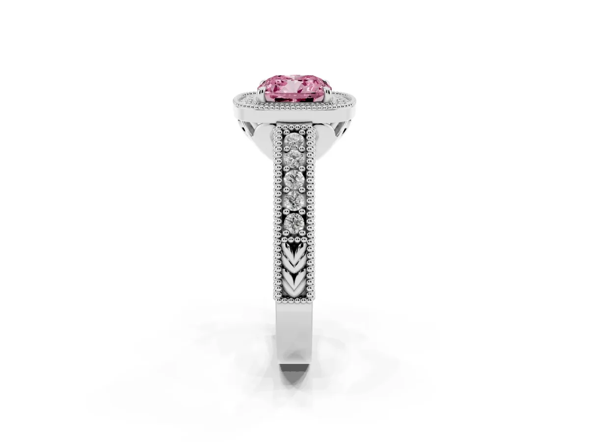 Fancy Pink Cushion Cut Cut Halo Diamond Ring with Pavé Band and Four-Prong Setting Platinum