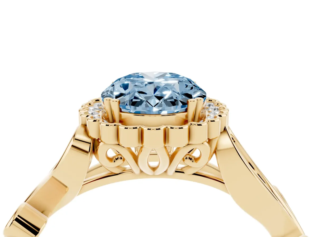 Fancy Blue Oval Cut Diamond Halo Ring with Vintage Split Shank and Four-Prong Setting Yellow gold