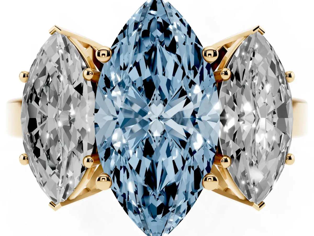 Fancy Blue Three-Stone Marquise Cut Cut Diamond Engagement Ring with Flat Band and Four-Prong Setting Yellow gold