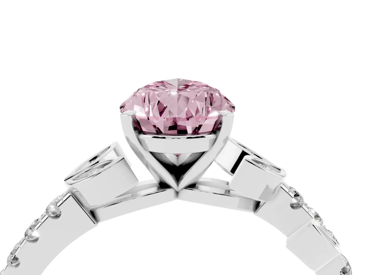 Fancy Pink Pear Cut Solitaire Leaf-Inspired Diamond Ring with Pavé Band and Four-Prong Setting Silver