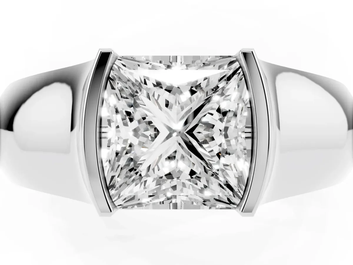 Princess Cut Solitaire Bezel Set Diamond Ring with Wide Band Silver