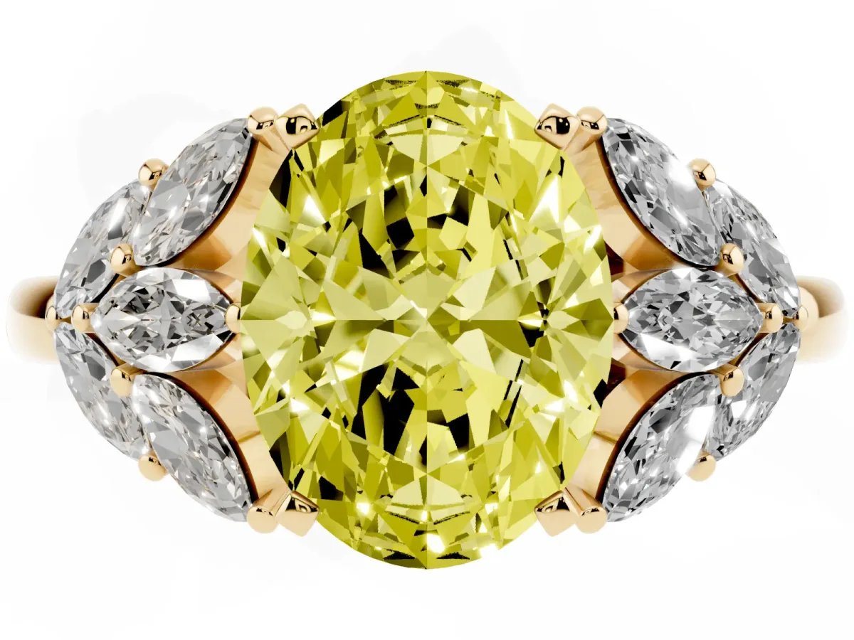 Fancy Yellow Oval Cut Diamond Cluster Leaf Design Ring with Prong Setting Yellow gold
