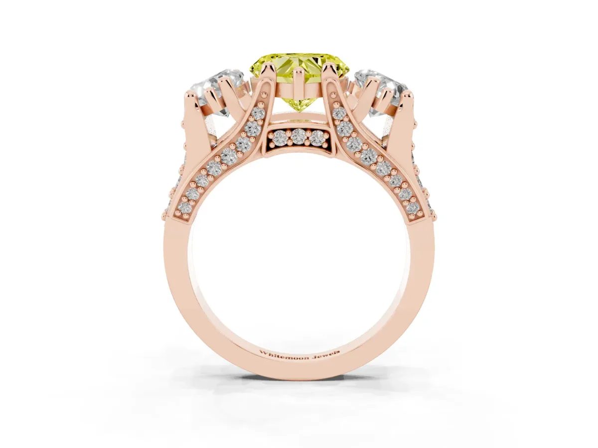 Fancy Yellow Heart Cut Diamond Three-Stone Ring with Channel Set Band and Four-Prong Setting Rose gold