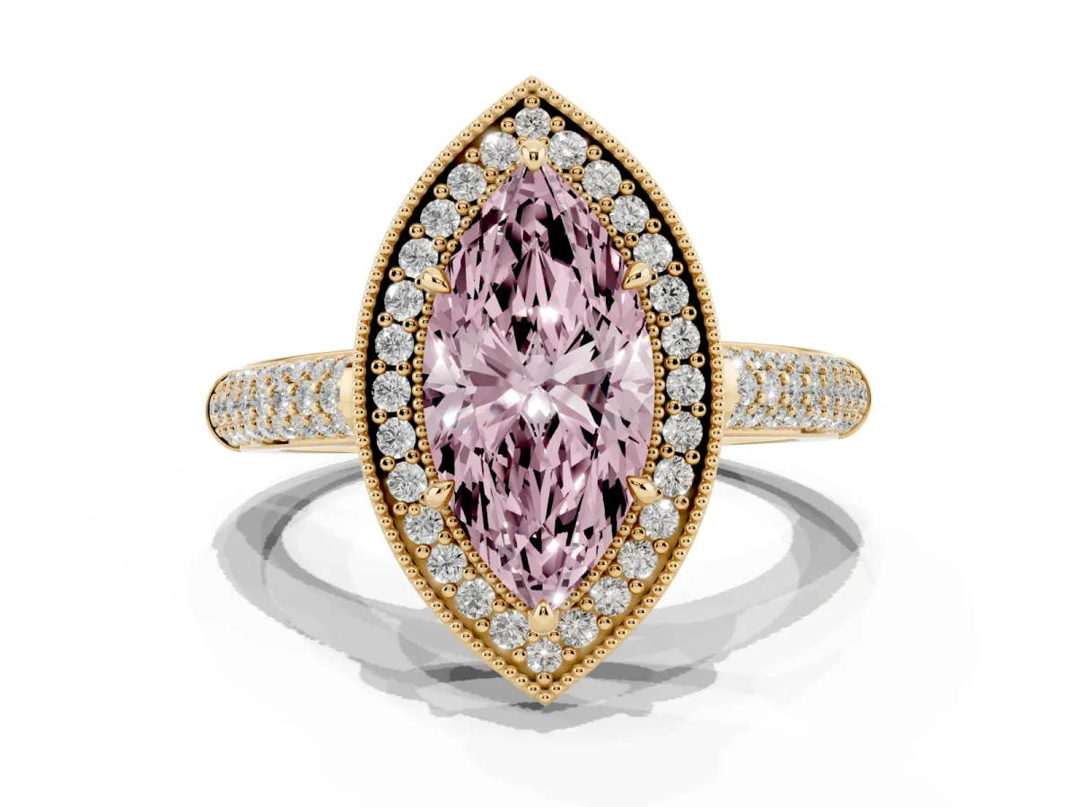 Fancy Pink Marquise Cut Cut Halo Diamond Pave Band with Four-Prong Setting Yellow gold