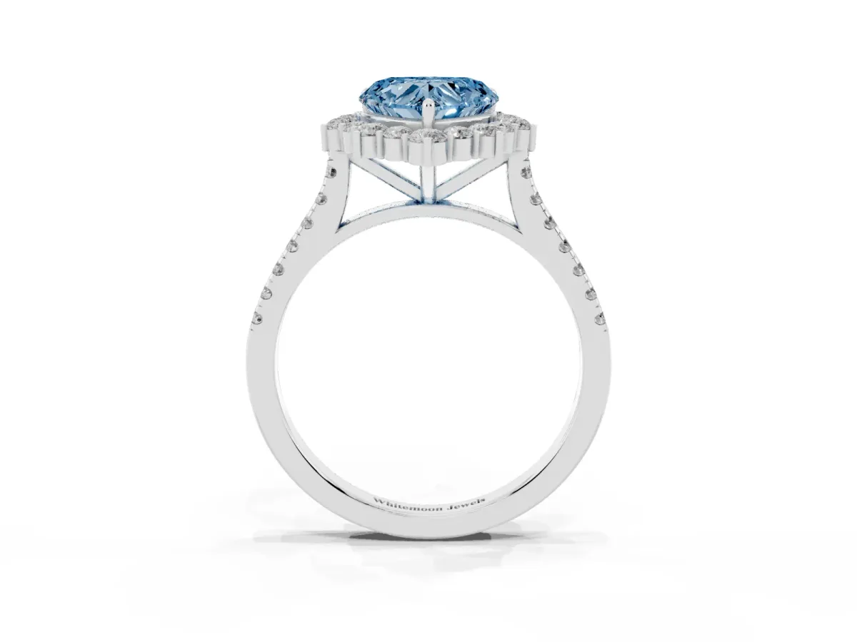 Fancy Blue Heart Cut Halo Diamond Ring with Pavé Band and Prong Setting Silver