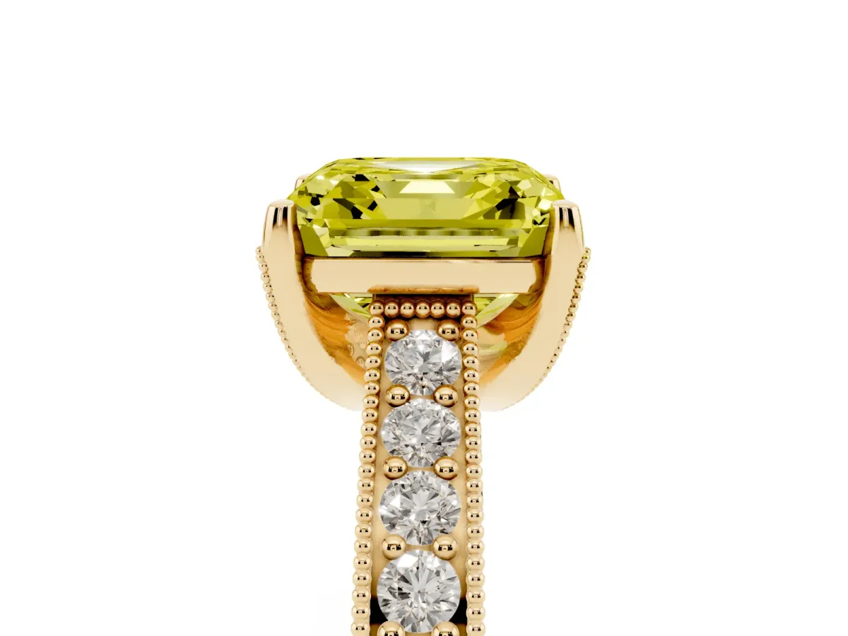 Fancy Yellow Asscher Cut Cut Diamond Solitaire Ring with Milgrain Pave Band and Four Prong Setting Yellow gold