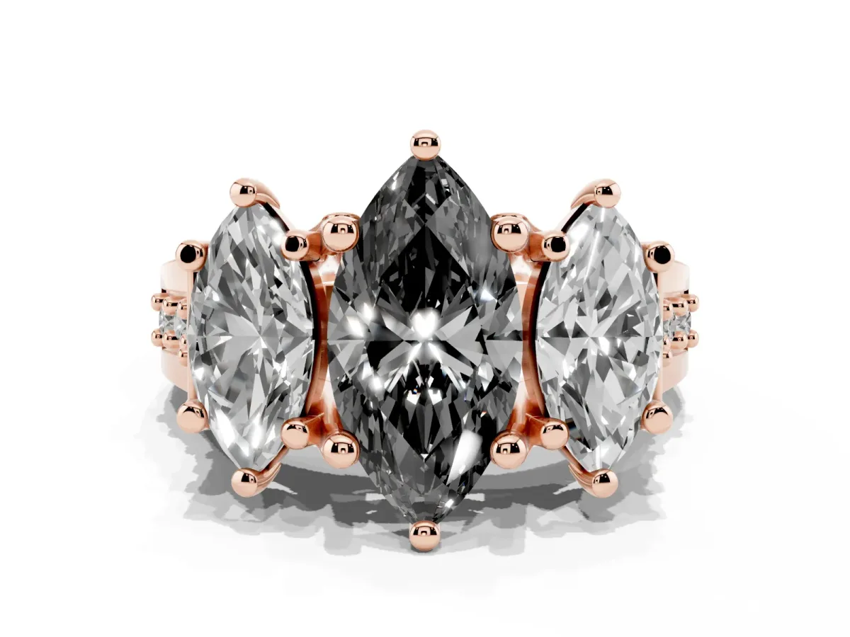 Fancy Black Marquise Cut Diamond Three-Stone Ring with Channel Set Band and Four-Prong Setting Rose gold