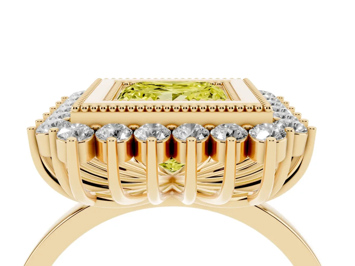 Fancy Yellow Princess Cut Halo Diamond Ring with Milgrain Edge and Round Prong Setting Yellow gold