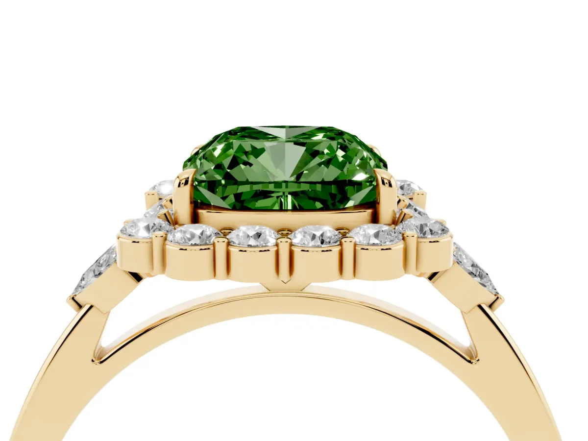 Fancy Green Cushion Cut Diamond Halo Ring with Pear Side Stones and Prong Setting Yellow gold