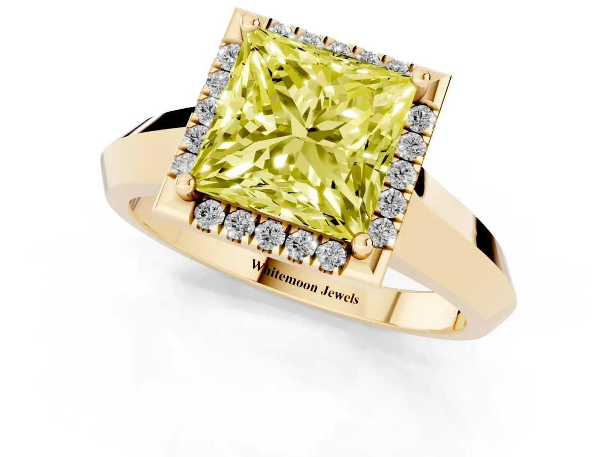 Fancy Yellow Princess Cut Halo Diamond Ring with Cathedral Band and Four-Prong Setting Yellow gold