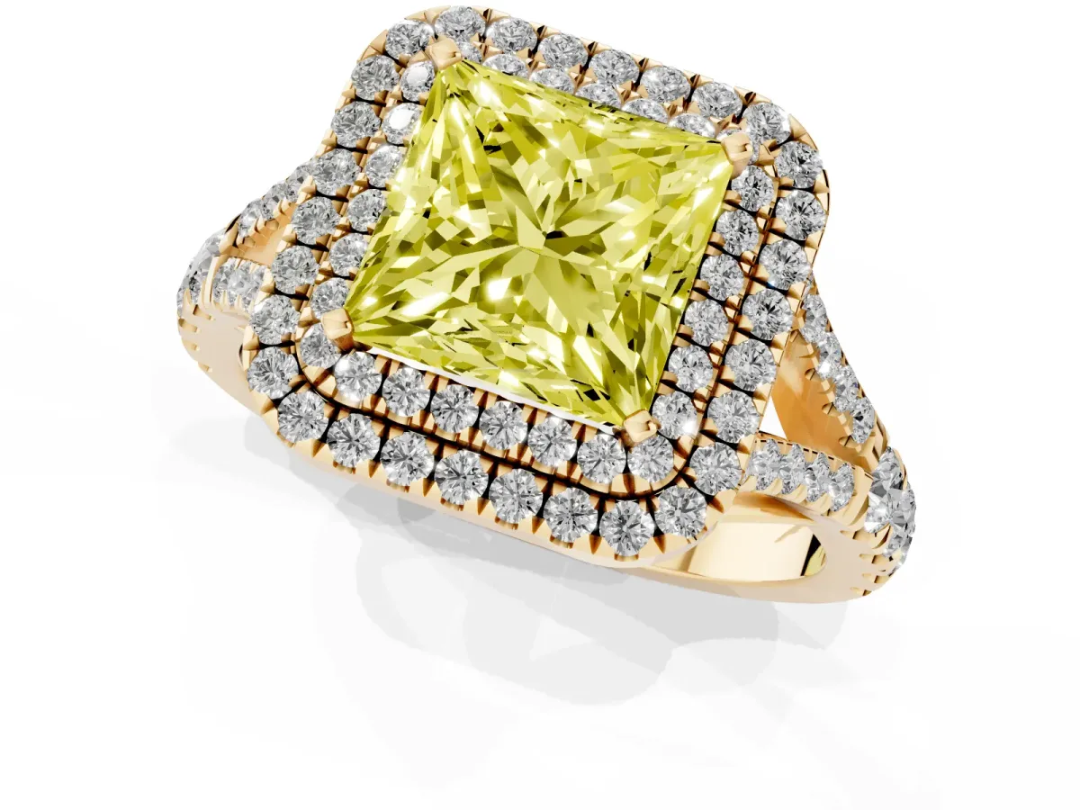 Fancy Yellow Princess Cut Diamond Pavé Split Shank Double Halo Engagement Ring Yellow gold