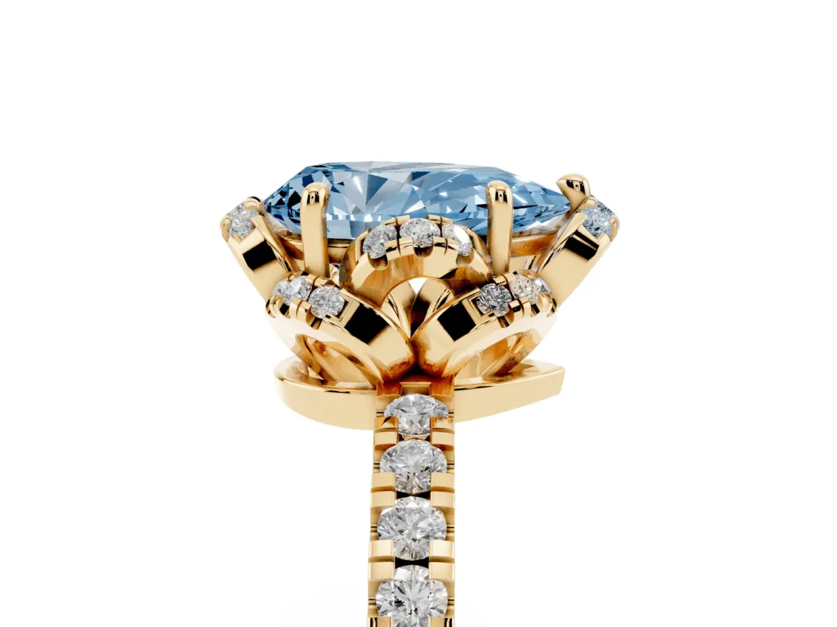 Fancy Blue Pear Cut Halo Diamond Pave Band Ring with Four-Prong Setting Yellow gold