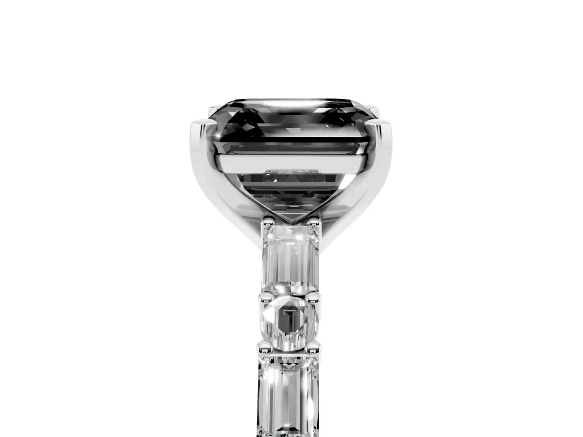 Fancy Black Asscher Cut Diamond Solitaire with Side Baguettes and Channel Set Band Silver