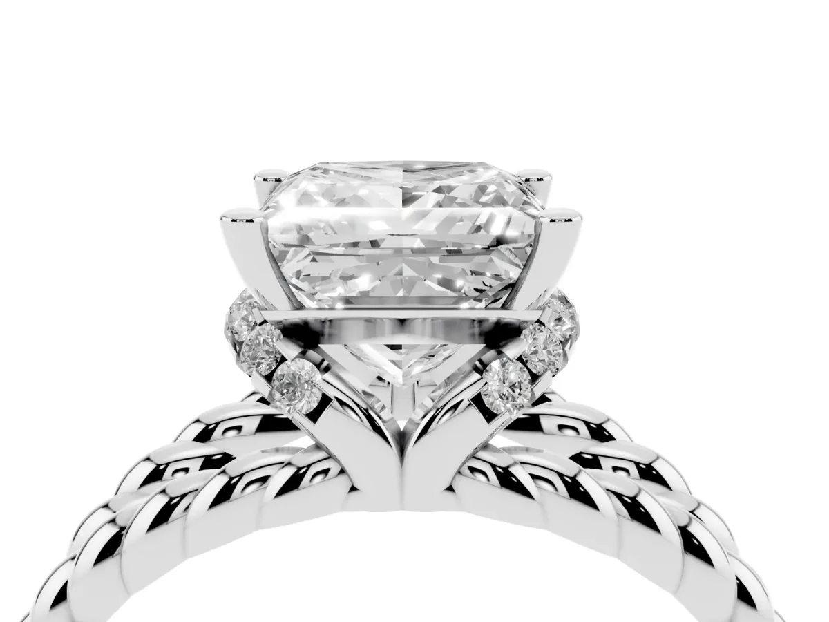 Princess Cut Halo Twisted Band Four-Prong Ring Silver