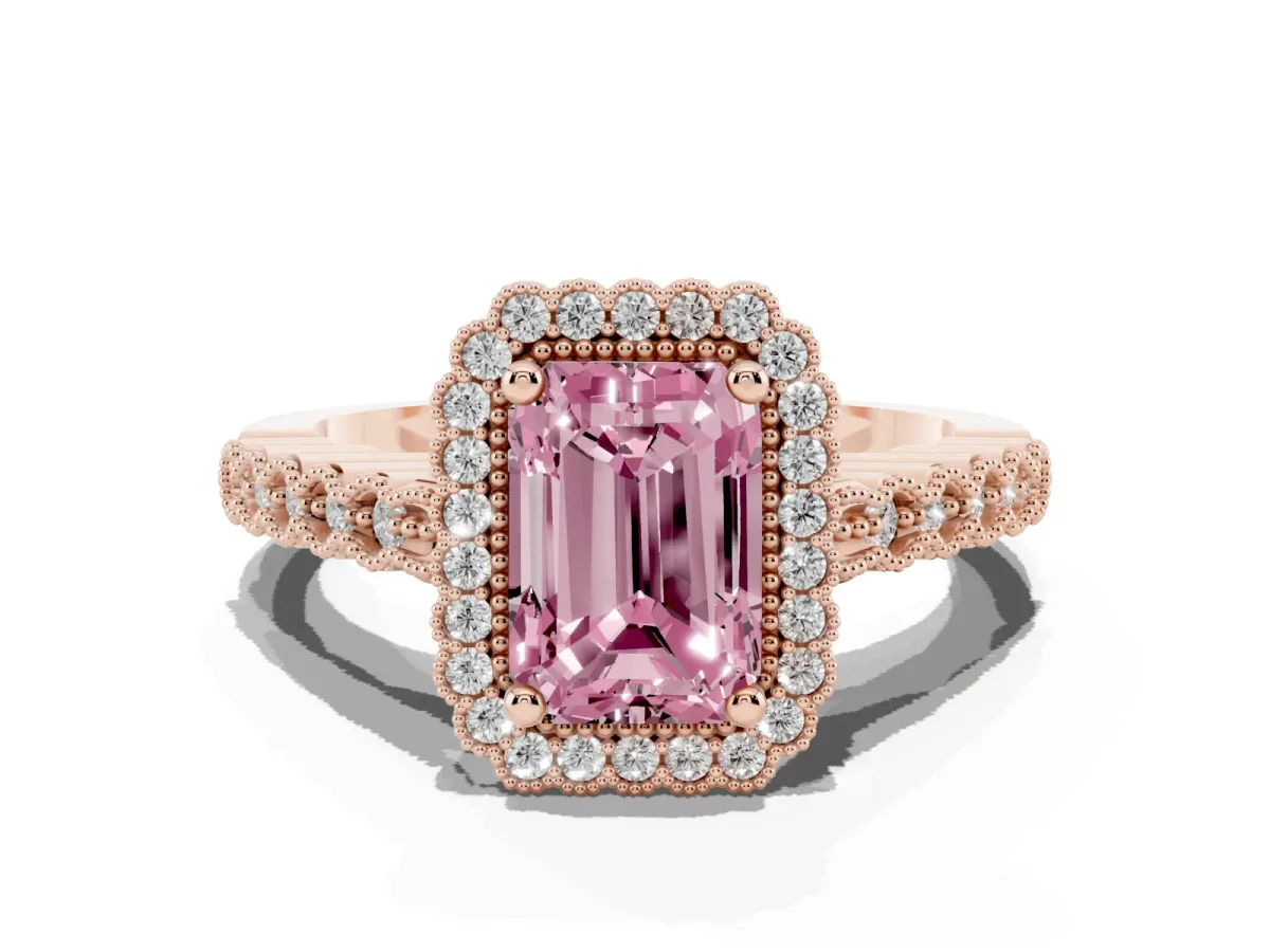 Fancy Pink Radiant Cut Cut Halo Pavé Solitaire Ring with Milgrain Band Rose gold