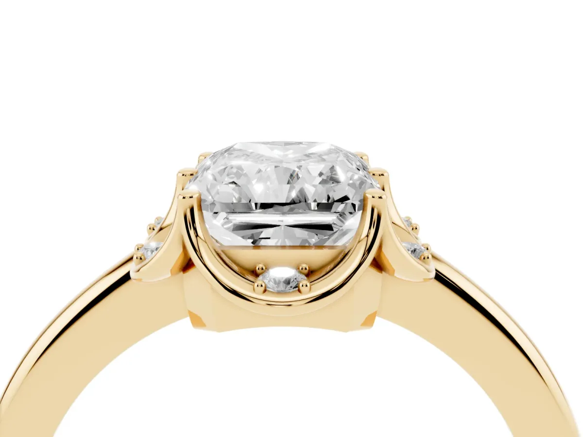Radiant Cut Halo Diamond Ring with Round Cluster Setting, Solitaire Band, and Four-Prong Setting Yellow gold