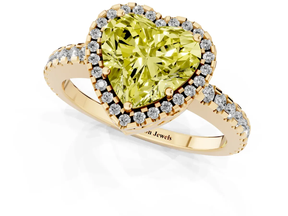 Fancy Yellow Heart Cut Diamond Halo Engagement Ring with Pavé Band and Prong Setting Yellow gold