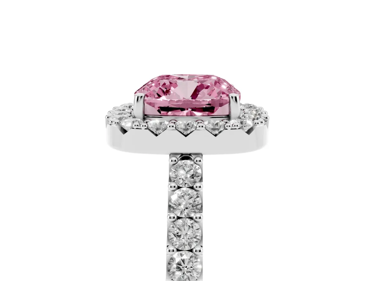 Fancy Pink Cushion Cut Halo Diamond Pavé Solitaire Ring Platinum